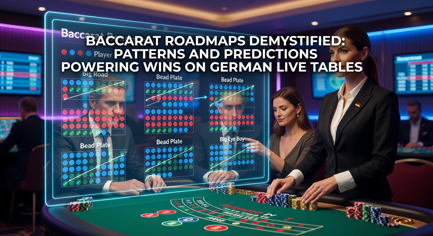 Detaillierte Ansicht einer klassischen Big Road Roadmap auf einem deutschen Live-Baccarat-Tisch, mit farbigen Spalten für Banker und Player Siege
