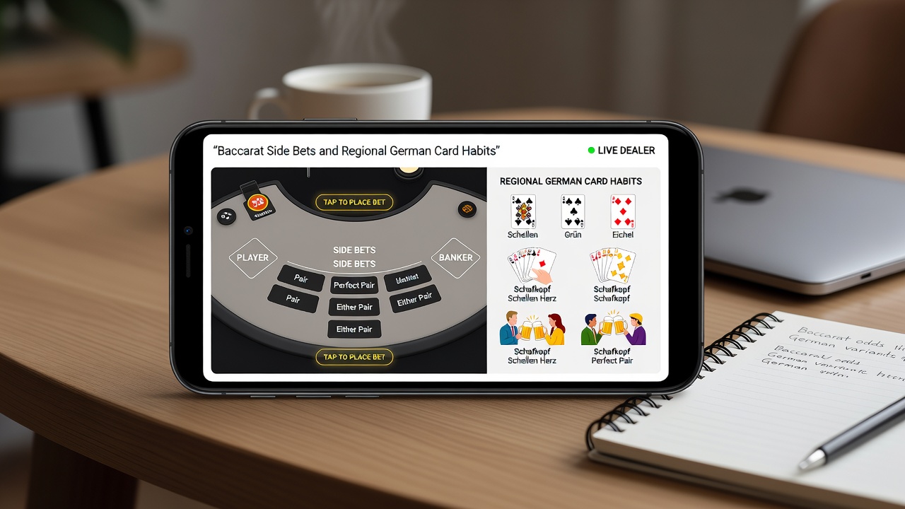 Detailansicht einer Baccarat-App mit Side-Bet-Optionen und deutschen regionalen Karteneinflüssen
