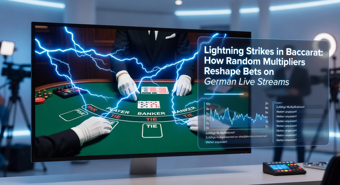 Live-Stream eines Lightning Baccarat-Tisches mit leuchtenden Multiplikatoren auf dem Bildschirm